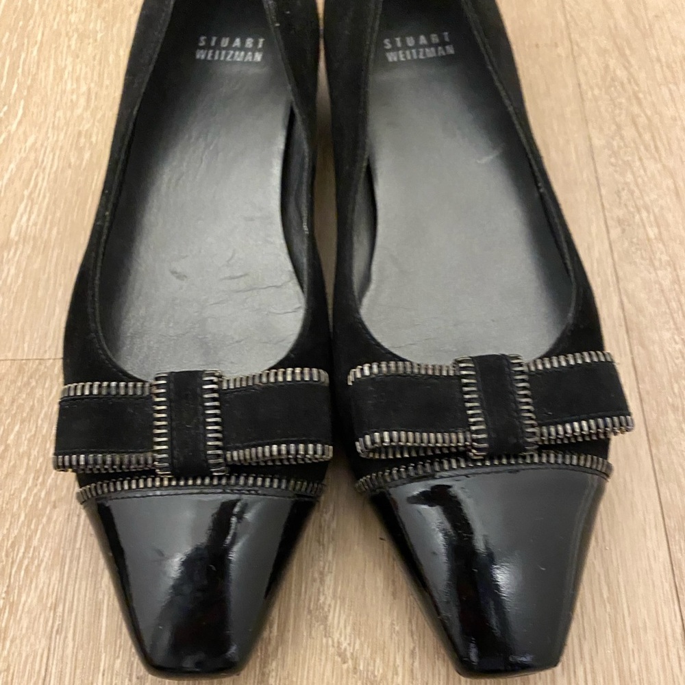 Stuart Weitzman Black Patent Leather Trimmed Suede Slip On Ballet Flats Bow 9